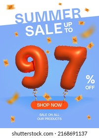 3d Balloon Summer sale up to 97% off, Banner Shop Now sale on all our products poster, Shopping 3d number 97 percent special offer card, Template coupon discount label design vector illustration.