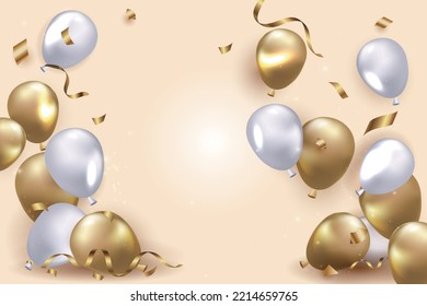 3d balloons background with confetti and ribbons.Celebration, Product presentation show cosmetic product podium