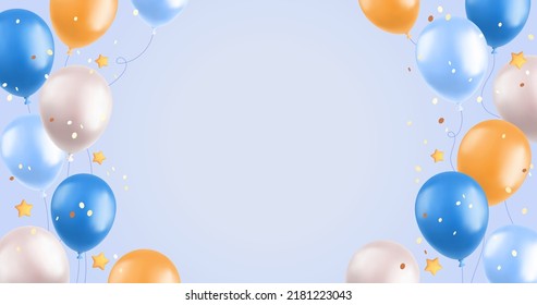 3d balloons background, realistic blue and yellow air balloons, stars and confetti on blue background. Greeting card or banner festive concept. Vector illustration