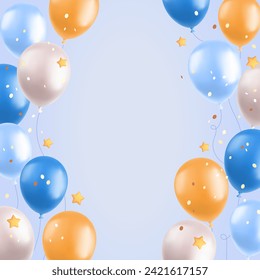 3d balloons background, realistic blue and yellow air balloons, stars and confetti on blue background. Greeting card or banner festive concept. Vector illustration