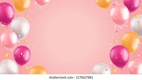 3d balloons background, realistic pink and yellow air balloons, stars and confetti on pink background. Greeting card or banner festive concept. Vector illustration