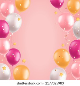 3d balloons background, realistic pink and yellow air balloons, stars and confetti on pink background. Greeting card or banner festive concept. Vector illustration