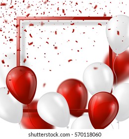 3d balloons with confetti and frame. Festive illustration for holiday party design, blur effect, red and white color. Vector illustration. EPS 10.