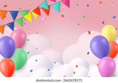 3D balloons, hanging bunting, clouds, and confetti against a soft pink background for celebration themes for banners, cards, flyers, social media wallpapers. 3D rendering. Vector illustration