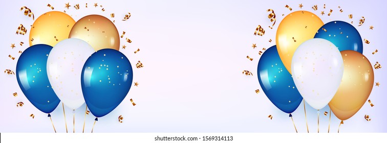 3d Balloons On Blue Background. Celebration Design With Two Bunch Of Balloons. Template For Celebrate Birthday, Sale, Anniversary, Baby Shower. Explosion Of Gold Confetti, Streamers And Stars.