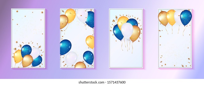 3d balloons on gentle Blue Background. Celebration design with bunch of balloons. Template for celebrate birthday, sale, anniversary, Baby shower. Explosion of gold confetti, streamers and stars.