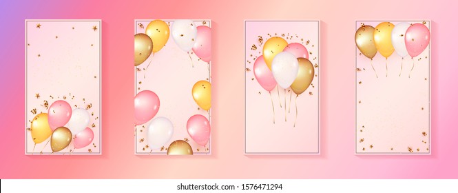 3d Balloons On Pink Background. Social Media Story Template With Celebration Design. Template For Giveaway, Birthday, Anniversary, Baby Shower. Explosion Of Gold Confetti, Streamers And Stars.