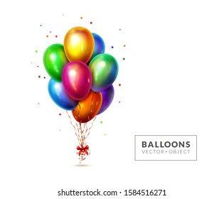 3d balloons. Realistic colorful bunch of balloons and confetti isolated on a white background. Party celebration and decoration. Vector horizontal banner. Birthday template.