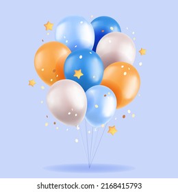 3d balloons, realistic colorful bunch of pink and yellow air balloons, stars and confetti on blue background. Birthday greetings, baby shower, grand opening festive concept. Vector illustration svg