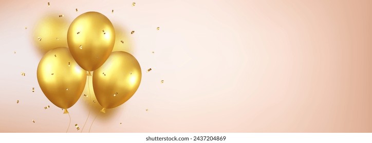 Globos 3d con cinta. Diseño de celebración con globos de color dorado con confeti brillante. Póster elegante, cubierta, banner, sitio, aplicación móvil. renderizado 3d. Ilustración de vector