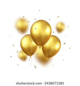 3d balloons with ribbon glittering confetti. Design element gold colored balloons and glittering confetti for greeting card or party invitation. 3d rendering. Vector illustration