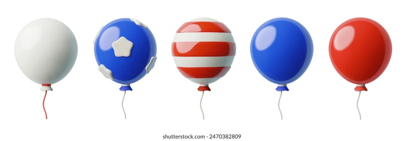 3D balloons set for 4th July. Blue, red and white with stars and stripes holiday vector design elements for USA Independence Day.