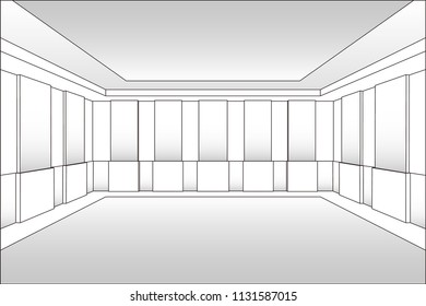 Vista de perspectiva del contorno del salón de baile 3d con pilar. Vector editable.