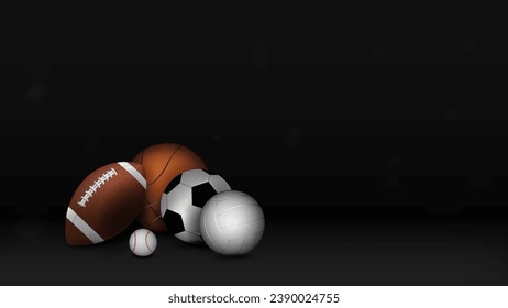 3d balls for American football, soccer, basketball, baseball and volleyball on a black background. A concept for sports betting.