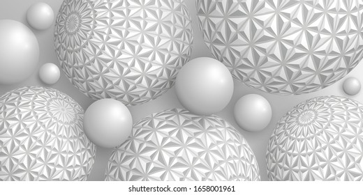 3D balls background. Template in natural style. Realistic silver balls on gray backdrop. Vector illustration with textured spheres. Horizontal banner. Design for cards, brochures, covers, booklets. 