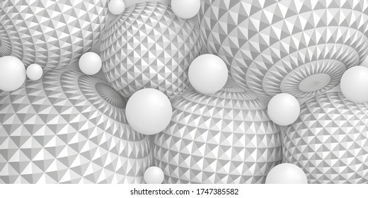 fondo de bolas 3D. Esferas talladas en blanco y gris. Ilustración vectorial. Estilo realista.