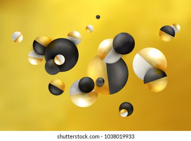 3d balls fly, chaotic fall. Abstract gold, black, white background. Composition from the group of tridimensional figures. Vector illustration.