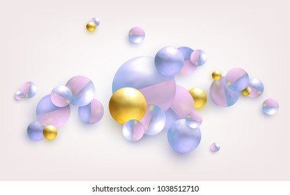 3d balls fly, chaotic fall. Abstract gold, purple, blue, pink, white background. Composition from the group of 3d figures. Vector illustration.