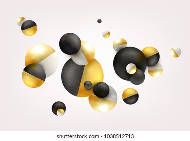 3d balls fly, chaotic fall. Abstract gold, black, white background. Composition from the group of tridimensional figures. Vector illustration.