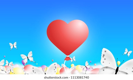 3D Baloons In The Sky Like Red Hearts. Abstract Colorful Background With White Monarch Butterflies.