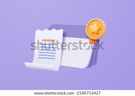 3d bank account book quality guarantee, passbook with medal, financial online champion award, 3d bill loan, business invoice bill, banking payment receipt concept, 3d icon vector render illustration