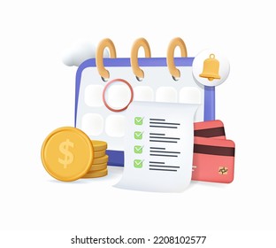 3d bank account finances, financial online transaction, fund transfer icon, business invoice bill, 3d banking payment receipt concept, 3d bank icon vector render illustration. Passbook credit card