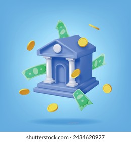 3D Bank Building and Cash Money. Render Financial House Icon. Construction with Columns in Ancient Design. Money Deposit and Withdrawal, Financial Transactions Service Banking. Vector Illustration