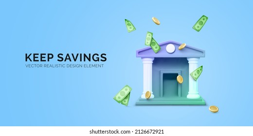 3d bank building and falling coins and paper currency. 3d realistic bank icon. Money transaction or savings concept. Vector illustration