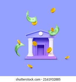 3d bank building and falling coins and paper currency. 3d realistic bank icon isolated on purple. Money transaction or savings concept. Vector illustration - Shutterstock ID 2161932885