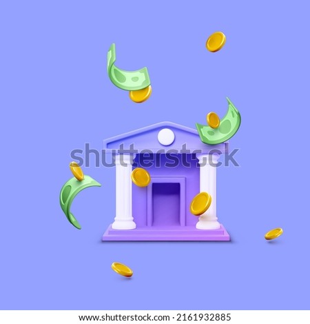 3d bank building and falling coins and paper currency. 3d realistic bank icon isolated on purple. Money transaction or savings concept. Vector illustration