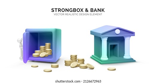 3d Bank Building And Gold With Open Strongbox. 3d Realistic Bank Icon. Money Transaction Or Savings Concept. Vector Illustration