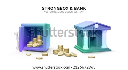 3d bank building and gold with open strongbox. 3d realistic bank icon. Money transaction or savings concept. Vector illustration