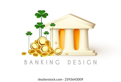 3D bank building icon with pile of coins and lucky shamrock leaves on color background. Money growth. Online banking design