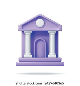 3D Bank Building Isolated on White. Render Financial House Icon. Construction with Columns in Ancient Design. Money Deposit and Withdrawal, Financial Transactions Service Banking. Vector Illustration