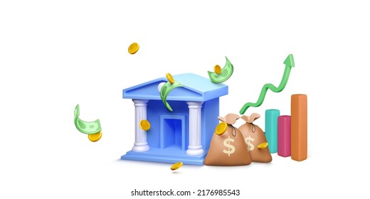 3D bank building with money bag and falling gold coin and paper green dollars. Chart with growth arrow on background. Banking and investment concept. Business objects template. Vector illustration