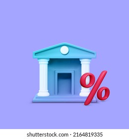 3D bank building in purple color and red percent symbol. Interest rate on bank deposit. Vector illustration