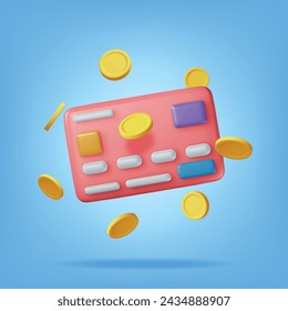 Tarjeta bancaria 3D en dinero en el aire. Presentar tarjeta de crédito con chip y moneda de oro. Finanzas de negocios, compras en línea y banca. Pago sin efectivo. Transacciones financieras, transferencia de dinero. Ilustración vectorial