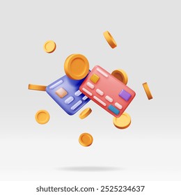 3D bank card in money in air. Render credit card with chip and gold coin. Business finance, online shopping and banking. Cashless payment. Financial transactions, money transfer. Vector illustration