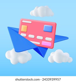 3D Bank Card in Paper Plane Isolated. Render Credit Card with Chip in Paper Aeroplan. Business Finance, Send Receive Money Online, Financial Transactions, Transfer and Exchange. Vector Illustration