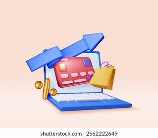 3D bank card with precent, arrow and shopping bag in laptop. Render cashback or return money in shopping. Payment with money back. Refund digital payment. Return of investment. Vector Illustration