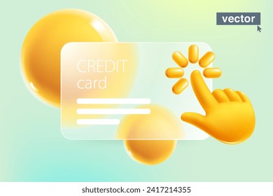 3D bank card template with computer hand shape cursor in glassmorphism style. Finger point and click loading realistic icon. Vector online banking payment. Plastic cartoon render of touch screen.