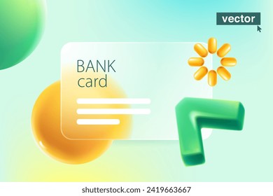 3D bank card template with computer triangle shape cursor in glassmorphism style. Transparent plastic loading realistic icon. Online banking payment with glass overlay. Vector cartoon illustration.
