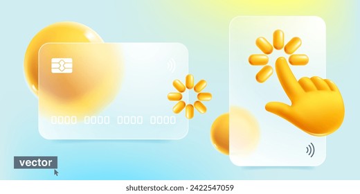 3D bank card template with computer hand shape cursor in glassmorphism style. Finger point and click loading realistic icon. Vector online banking payment. Plastic cartoon render of touch screen.