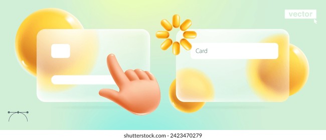 3D bank card template with computer hand shape cursor in glassmorphism style. Finger point and click loading realistic icon. Vector online banking payment. Plastic cartoon render of touch screen.