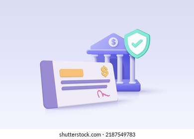 3D bank cheque with fund transfer, business invoice bill, banking payment receipt. Composition with financial annual accounts, calculating and paying invoice. 3d bank icon vector render illustration