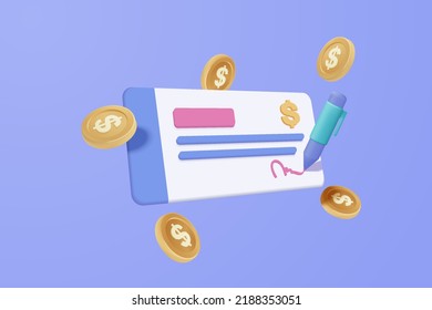 3D bank cheque and money coin with pen, banking payment receipt. Composition with financial business accounts, 3d money and paying invoice bill. 3d money certificate icon vector render illustration