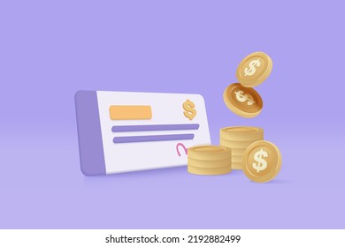 cheque bancario en 3D con transferencia de fondos de moneda, recibo de pagos bancarios. Composición con cuentas anuales financieras, cálculo y pago de la factura comercial. Ilustración vectorial de icono de verificación de 3.ª