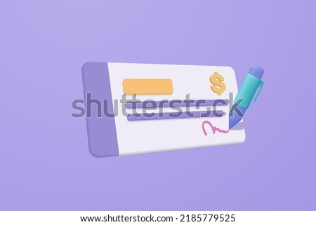 3D bank cheque with pen, fund transfer, business invoice bill, banking payment receipt. Composition with financial annual accounts, 3d financial and paying invoice. 3d icon vector render illustration