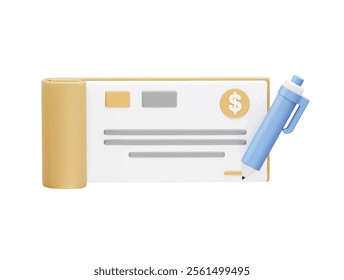 3D bank cheque with pen illustration 3d render