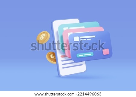 3D bank credit card money financial security for online shopping on mobile phone, online payment with credit card 3d and money coin payment concept. 3d smartphone vector icon render illustration